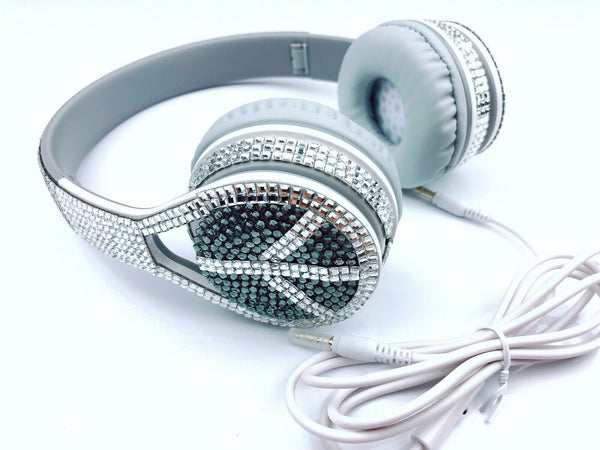 blingustyle Iridescent Silver crystal fashion Peace style headphone with MIC