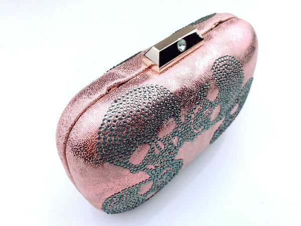 Blingustyle Women Crystal Diamante Skull Design Evening Party Clutch Pink Bag