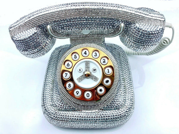 Blingustyle Silver Sparkly Crystal vintage retro Functional round Real Telephone