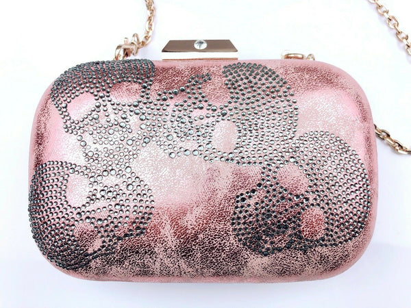 Blingustyle Women Crystal Diamante Skull Design Evening Party Clutch Pink Bag