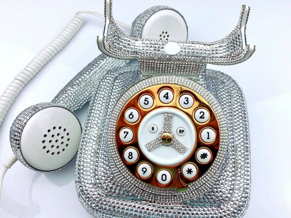 Blingustyle Silver Sparkly Crystal vintage retro Functional round Real Telephone