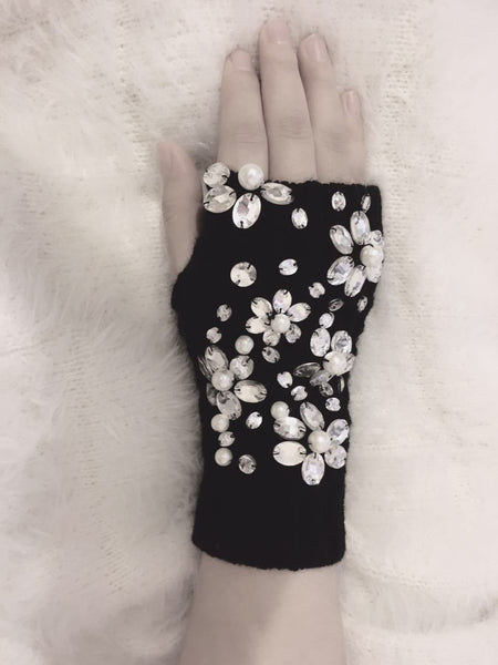 Lady Women Crystal Pearl Fingerless Embellished knitted Fingerless Fashion Glove