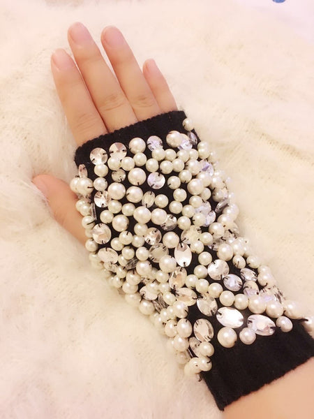 Lady Women Crystal Pearl Fingerless Embellished knitted Fingerless Fashion Glove