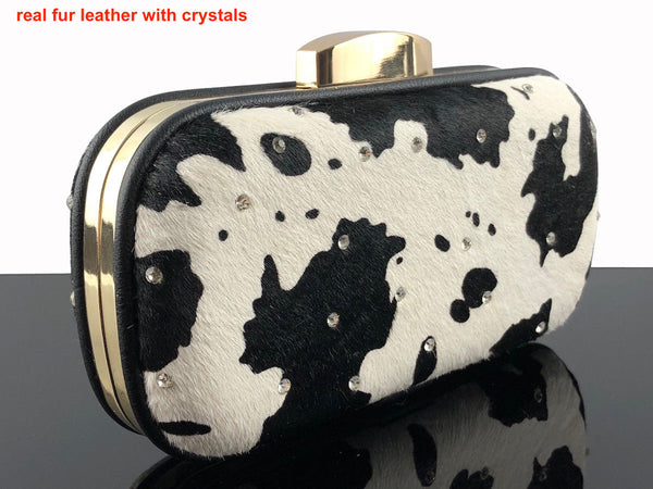 Blingustyle Swarovski Elements Crystal with Fur Leather Lady Evening Clutch Bag