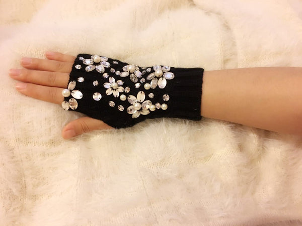 Lady Women Crystal Pearl Fingerless Embellished knitted Fingerless Fashion Glove