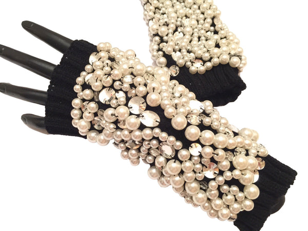 Lady Women Crystal Pearl Fingerless Embellished knitted Fingerless Fashion Glove