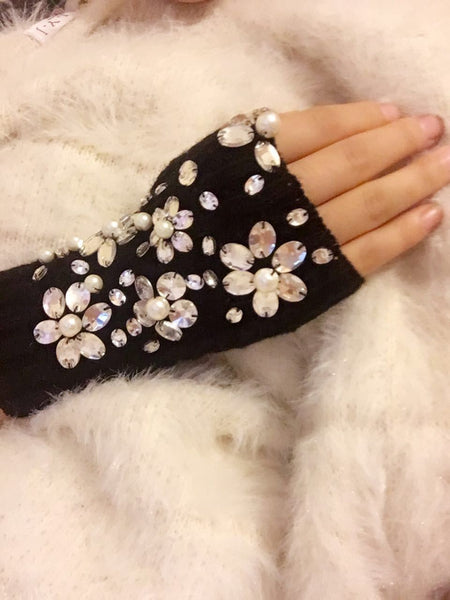 Lady Women Crystal Pearl Fingerless Embellished knitted Fingerless Fashion Glove