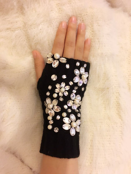 Lady Women Crystal Pearl Fingerless Embellished knitted Fingerless Fashion Glove