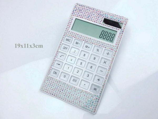 Blingustyle AB-White Crystal Design 12 Digit Dual Power Calculator SM