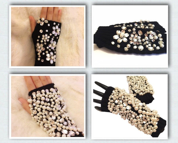 Lady Women Crystal Pearl Fingerless Embellished knitted Fingerless Fashion Glove